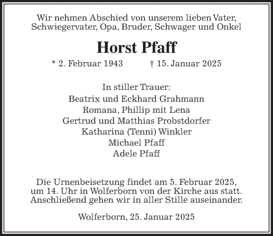 Traueranzeige von Horst Pfaff 