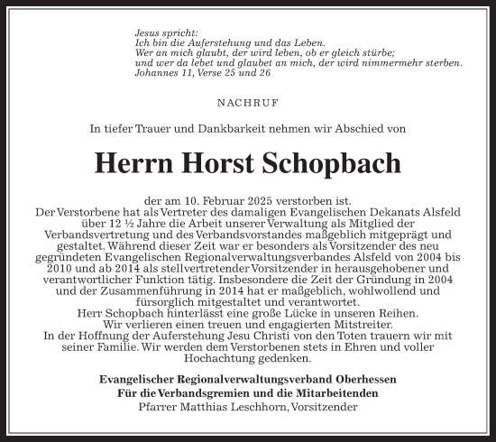 Traueranzeige von Horst Schopbach von Oberhessische Zeitung