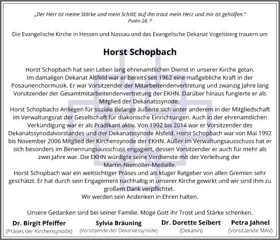 Traueranzeige von Horst Schopbach von Oberhessische Zeitung, Alsfelder Allgemeine, Lauterbacher Anzeiger