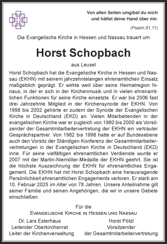 Traueranzeige von Horst Schopbach von Oberhessische Zeitung