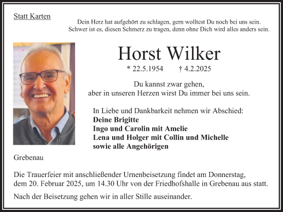 Traueranzeige von Horst Wilker von Oberhessische Zeitung