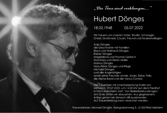 Traueranzeige von Hubert Dönges von Wetterauer Zeitung, Wetterauer Zeitung