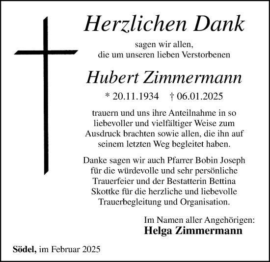 Traueranzeige von Hubert Zimmermann von Wetterauer Zeitung