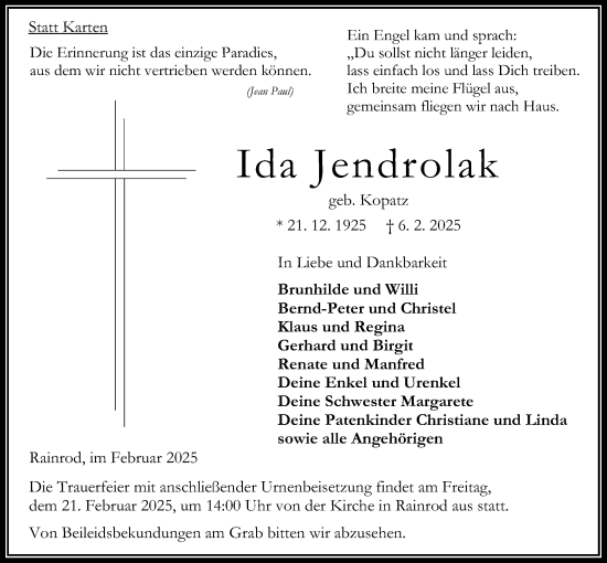 Traueranzeige von Ida Jendrolak von Oberhessische Zeitung
