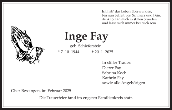 Traueranzeige von Inge Fay von Licher Wochenblatt