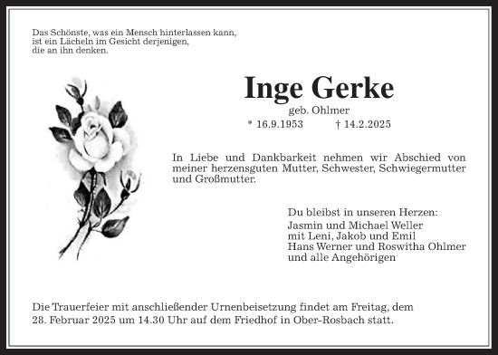 Traueranzeige von Inge Gerke von Wetterauer Zeitung, Wetterauer Zeitung, Wetterauer Zeitung