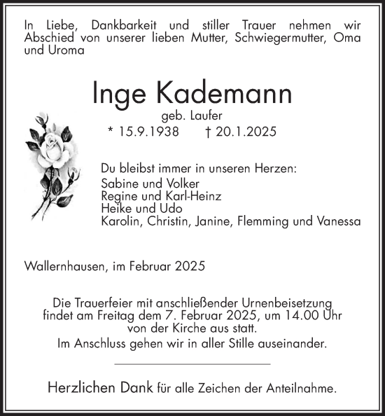 Traueranzeige von Inge Kademann von Kreis-Anzeiger