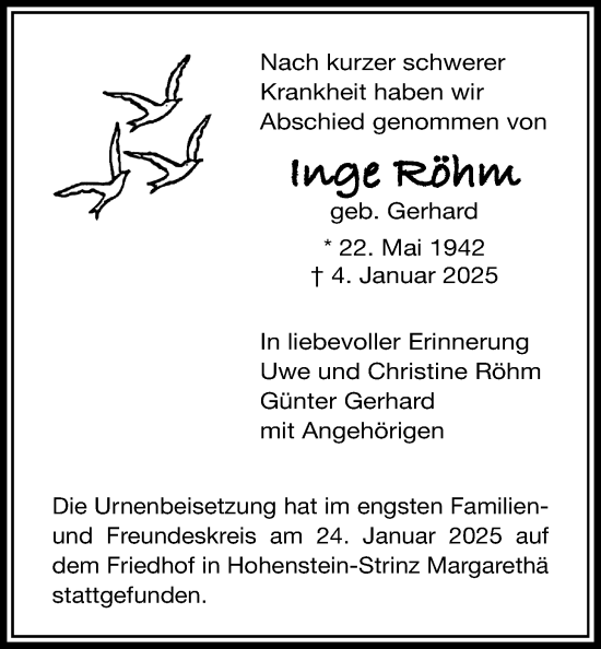 Traueranzeige von Inge Röhm von Licher Wochenblatt
