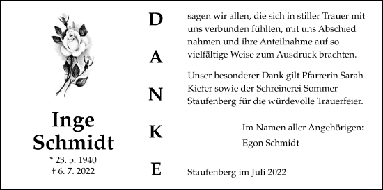 Traueranzeige von Inge Schmidt von Giessener Allgemeine, Alsfelder Allgemeine, Giessener Anzeiger, Giessener Allgemeine, Alsfelder Allgemeine, Giessener Anzeiger, Giessener Allgemeine, Alsfelder Allgemeine, Giessener Anzeiger