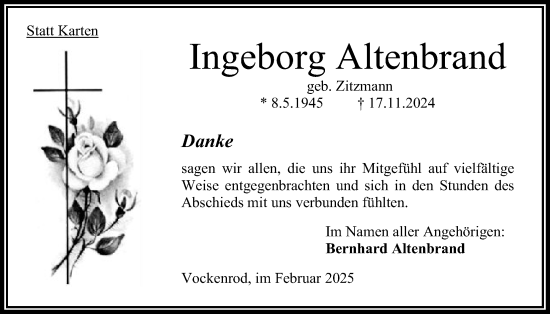 Traueranzeige von Ingeborg Altenbrand von Oberhessische Zeitung
