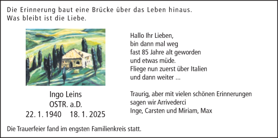 Traueranzeige von Ingo Leins von Giessener Allgemeine, Alsfelder Allgemeine