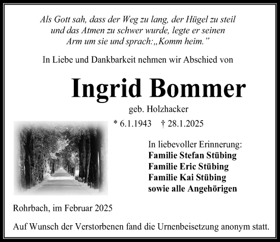 Traueranzeige von Ingrid Bommer von Kreis-Anzeiger