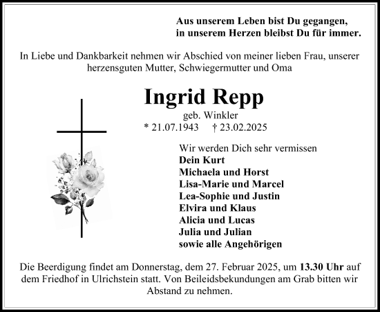 Traueranzeige von Ingrid Repp von Lauterbacher Anzeiger
