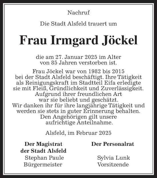 Traueranzeige von Irmgard Jöckel von Oberhessische Zeitung, Alsfelder Allgemeine