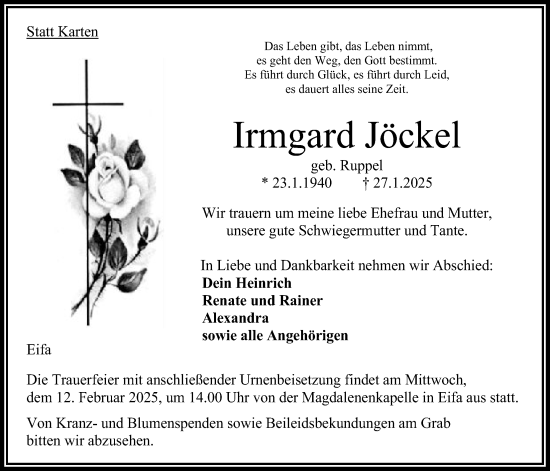 Traueranzeige von Irmgard Jöckel von Oberhessische Zeitung