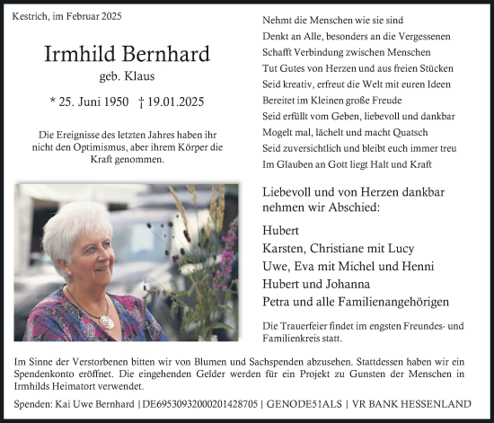 Traueranzeige von Irmhild Bernhard von Oberhessische Zeitung, Alsfelder Allgemeine