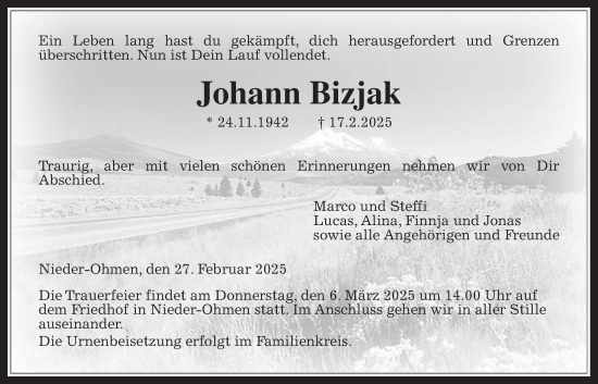 Traueranzeige von Johann Bizjak von Mücker Stimme