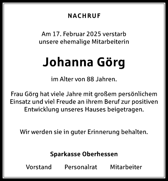 Traueranzeige von Johanna Görg von Wetterauer Zeitung