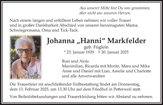 Traueranzeige von Johanna Markfelder von Bad Vilbel/Karben