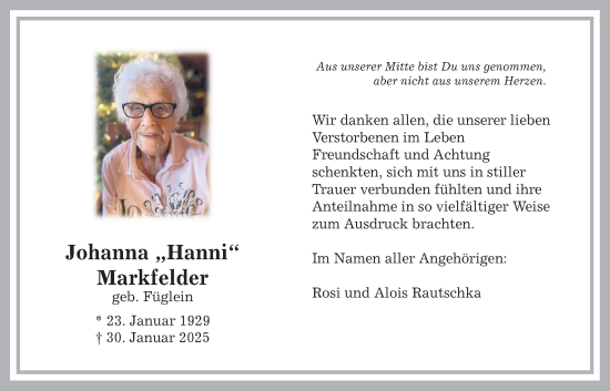 Traueranzeige von Johanna Markfelder von Bad Vilbel/Karben