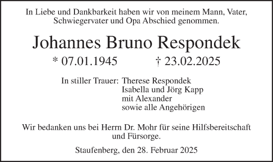 Traueranzeige von Johannes Bruno Respondek von Giessener Allgemeine, Alsfelder Allgemeine, Giessener Anzeiger