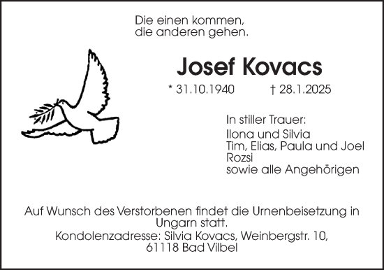 Traueranzeige von Josef Kovacs von Bad Vilbel/Karben