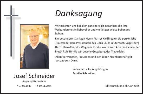 Traueranzeige von Josef Schneider von Lauterbacher Anzeiger