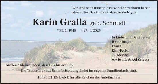 Traueranzeige von Karin Gralla von Giessener Allgemeine, Alsfelder Allgemeine