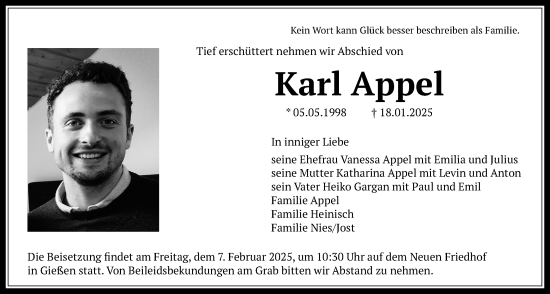 Traueranzeige von Karl Appel von Giessener Allgemeine, Alsfelder Allgemeine, Giessener Anzeiger