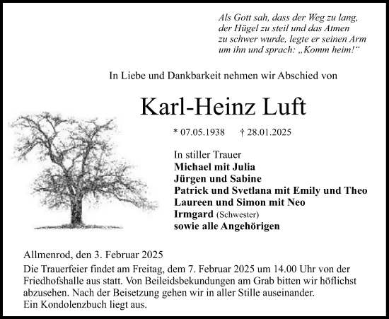 Traueranzeige von Karl-Heinz Luft von Lauterbacher Anzeiger