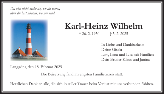 Traueranzeige von Karl-Heinz Wilhelm von Giessener Allgemeine, Alsfelder Allgemeine