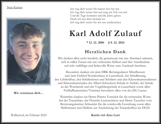 Traueranzeige von Karl Adolf Zulauf von Oberhessische Zeitung, Lauterbacher Anzeiger