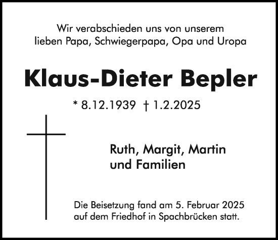 Traueranzeige von Klaus-Dieter Bepler von Lauterbacher Anzeiger