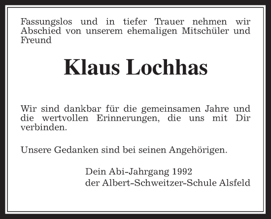 Traueranzeige von Klaus Lochhas von Alsfelder Allgemeine, Oberhessische Zeitung