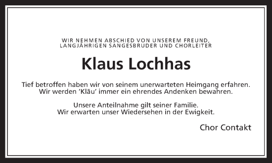 Traueranzeige von Klaus Lochhas von Oberhessische Zeitung