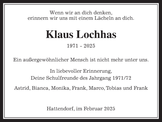 Traueranzeige von Klaus Lochhas von Oberhessische Zeitung