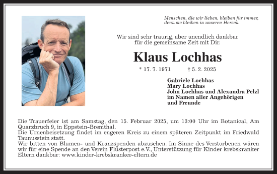 Traueranzeige von Klaus Lochhas von Oberhessische Zeitung