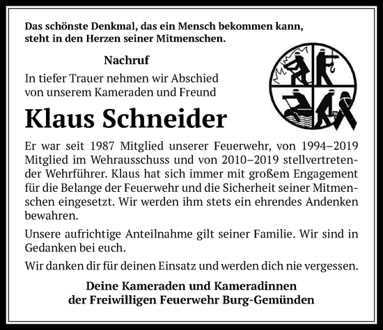 Traueranzeige von Klaus Schneider von Oberhessische Zeitung, Alsfelder Allgemeine