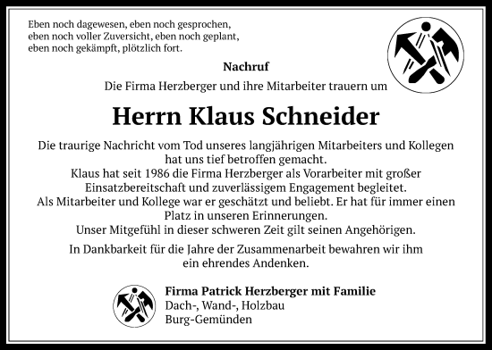 Traueranzeige von Klaus Schneider von Oberhessische Zeitung, Alsfelder Allgemeine