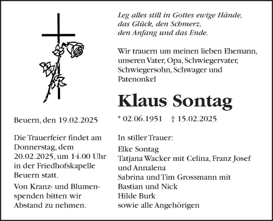 Traueranzeige von Klaus Sontag von Alsfelder Allgemeine, Giessener Allgemeine