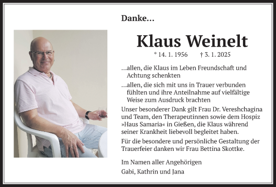 Traueranzeige von Klaus Weinelt von Wetterauer Zeitung
