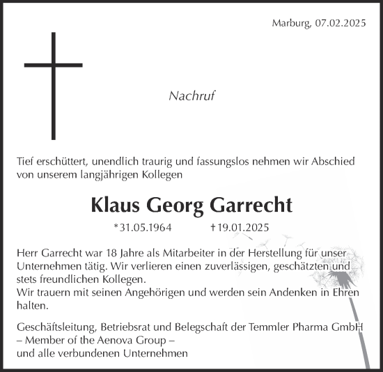 Traueranzeige von Klaus Georg Garrecht von Giessener Allgemeine, Alsfelder Allgemeine