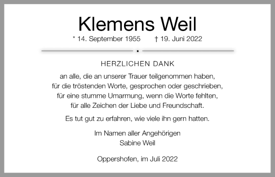 Traueranzeige von Klemens Weil von Wetterauer Zeitung, Wetterauer Zeitung