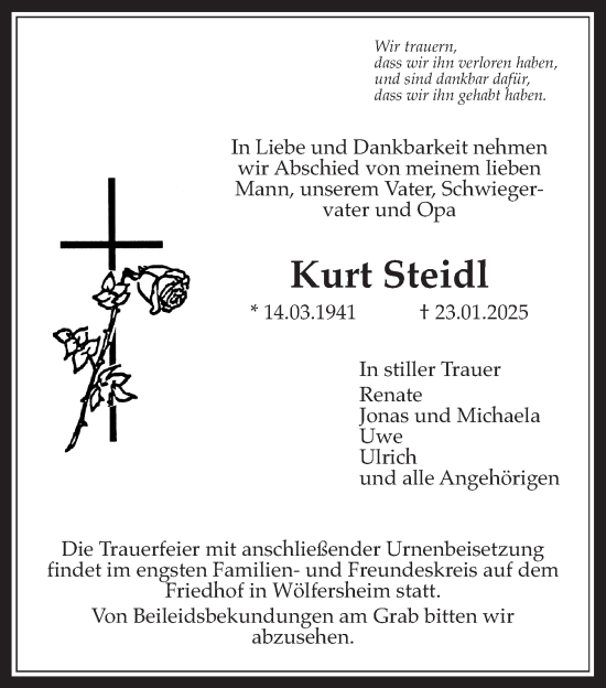 Traueranzeige von Kurt Steidl von Wetterauer Zeitung
