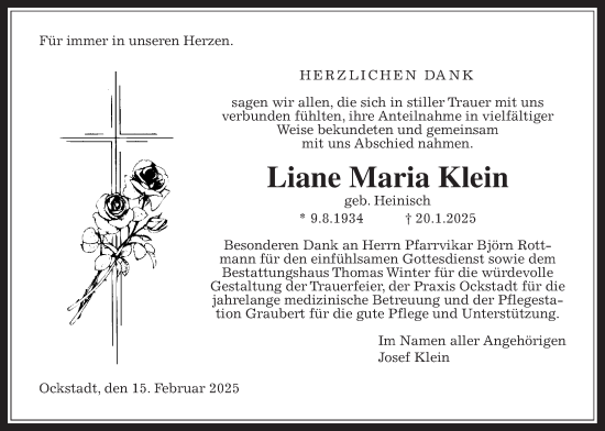 Traueranzeige von Liane Maria Klein von Wetterauer Zeitung