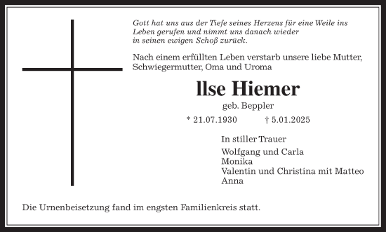 Traueranzeige von llse Hiemer von Giessener Anzeiger