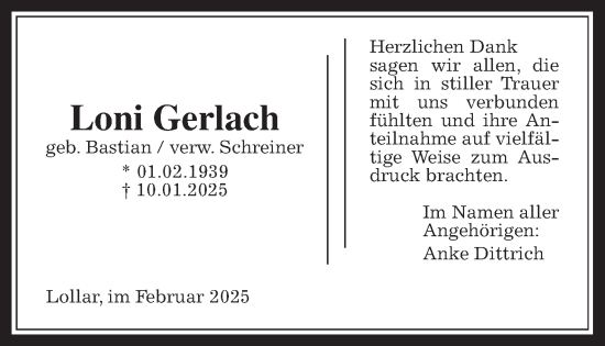 Traueranzeige von Loni Gerlach von Giessener Anzeiger, Giessener Allgemeine, Alsfelder Allgemeine