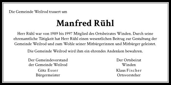 Traueranzeige von Manfred Rühl von Usinger Anzeiger