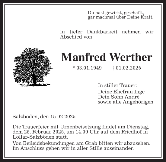 Traueranzeige von Manfred Werther von Giessener Anzeiger