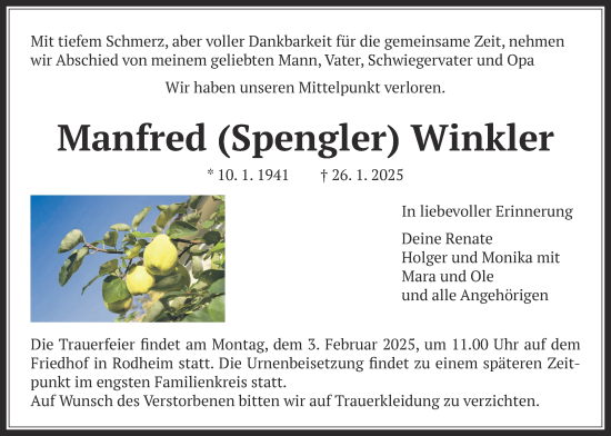 Traueranzeige von Manfred Winkler von Wetterauer Zeitung